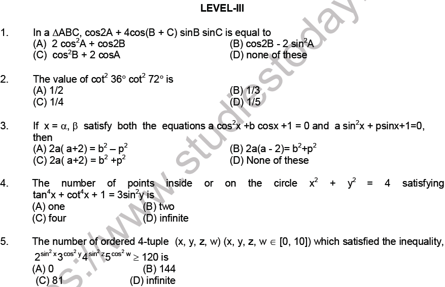 JEE Mathematics Trigonometric Functions MCQs Set A, Multiple Choice Questions